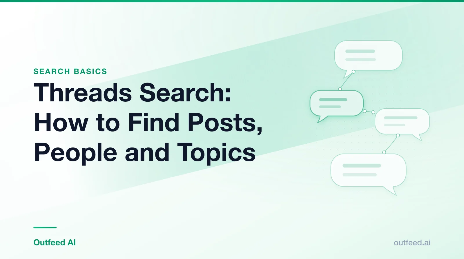 Title card reading 'Threads Search: How to Find Posts, People and Topics' with linked speech bubbles on an emerald gradient