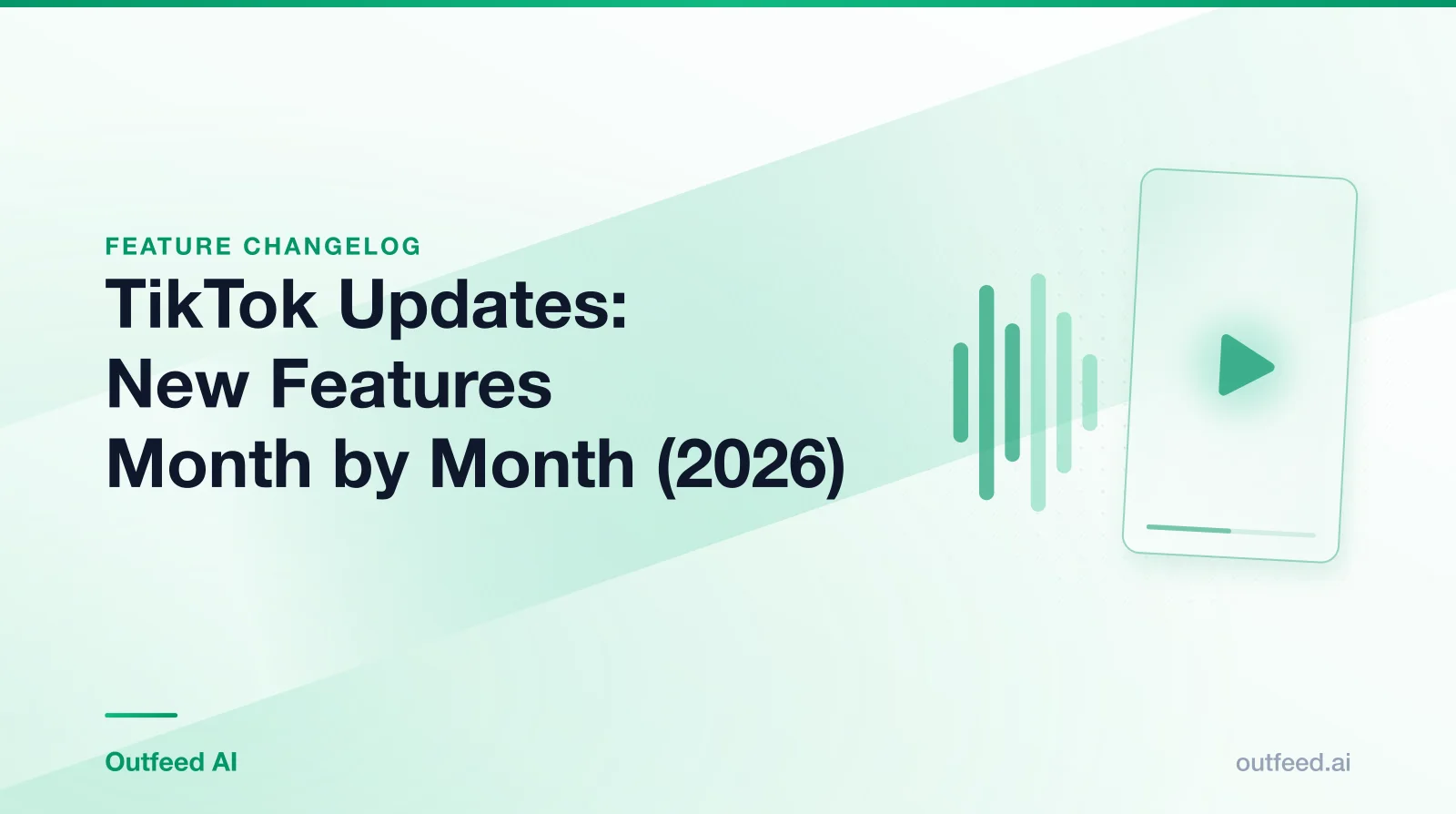 Title card reading 'TikTok Updates: New Features Month by Month (2026)' with a vertical video frame and sound waves on an emerald gradient