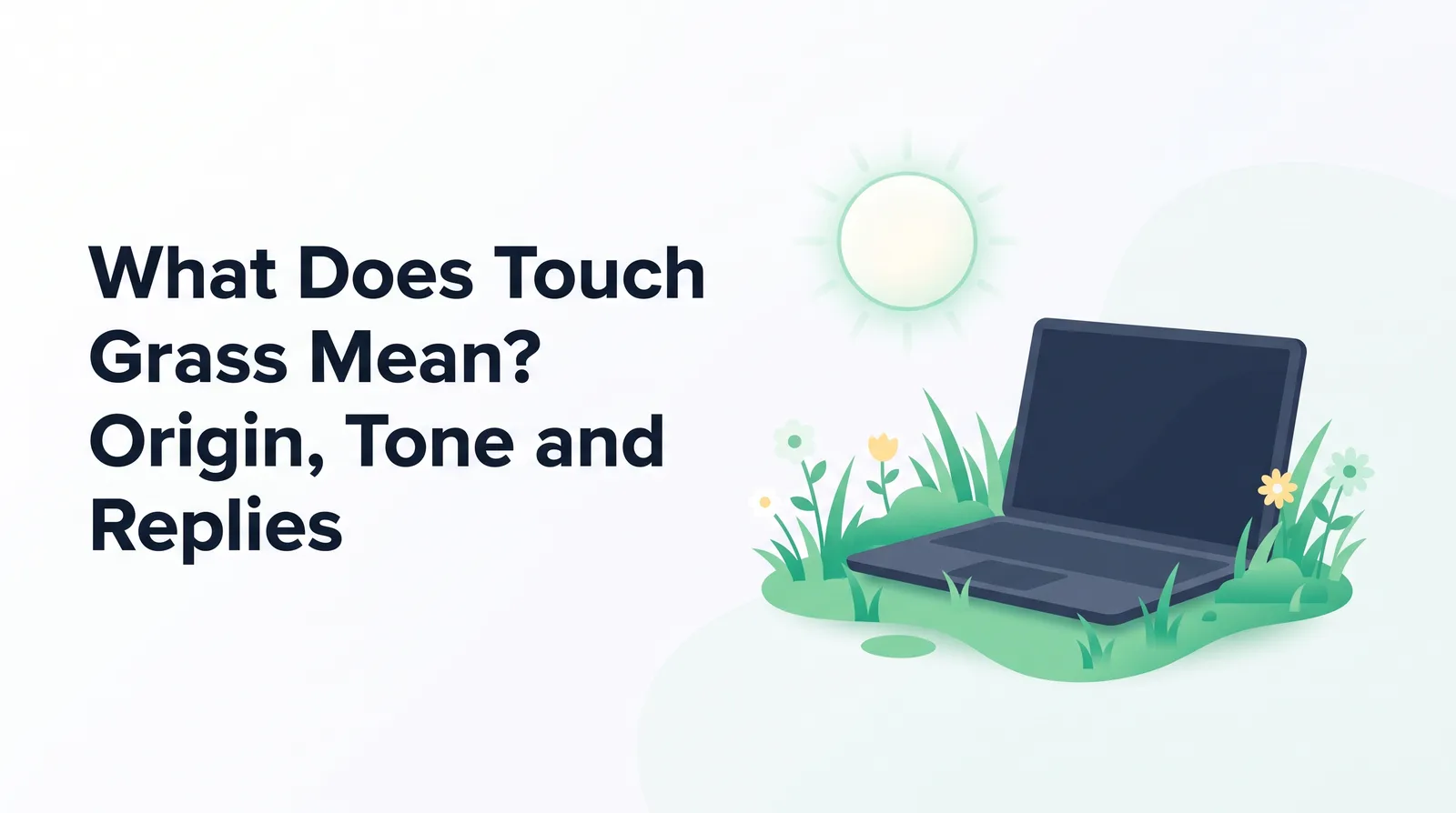 Illustration of a closed dark laptop resting on a patch of green grass with small wildflowers under a pale sun, with the title 'What Does Touch Grass Mean? Origin, Tone and Replies'