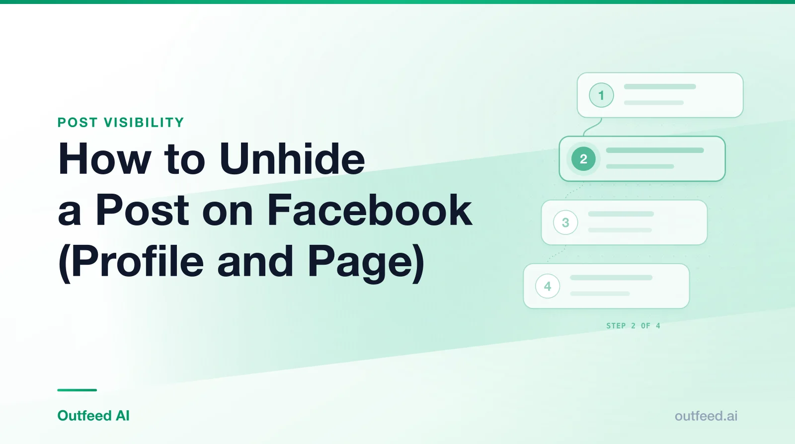 Title card reading 'How to Unhide a Post on Facebook (Profile and Page)' with numbered step cards on an emerald gradient