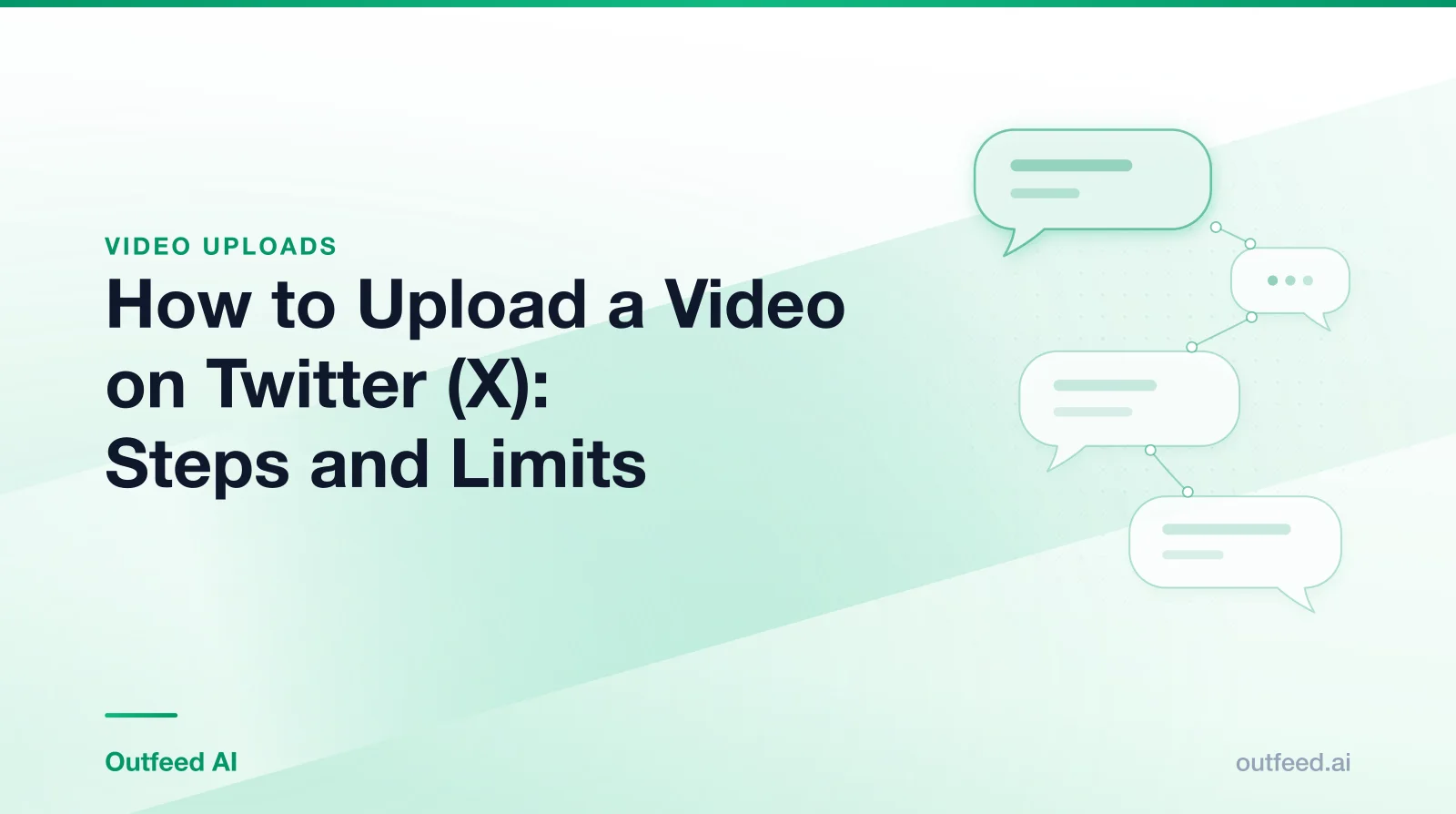 Title card reading 'How to Upload a Video on Twitter (X): Steps and Limits' with linked speech bubbles on an emerald gradient
