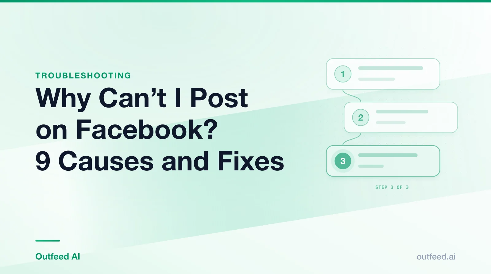 Title card reading 'Why Can’t I Post on Facebook? 9 Causes and Fixes' with numbered step cards on an emerald gradient