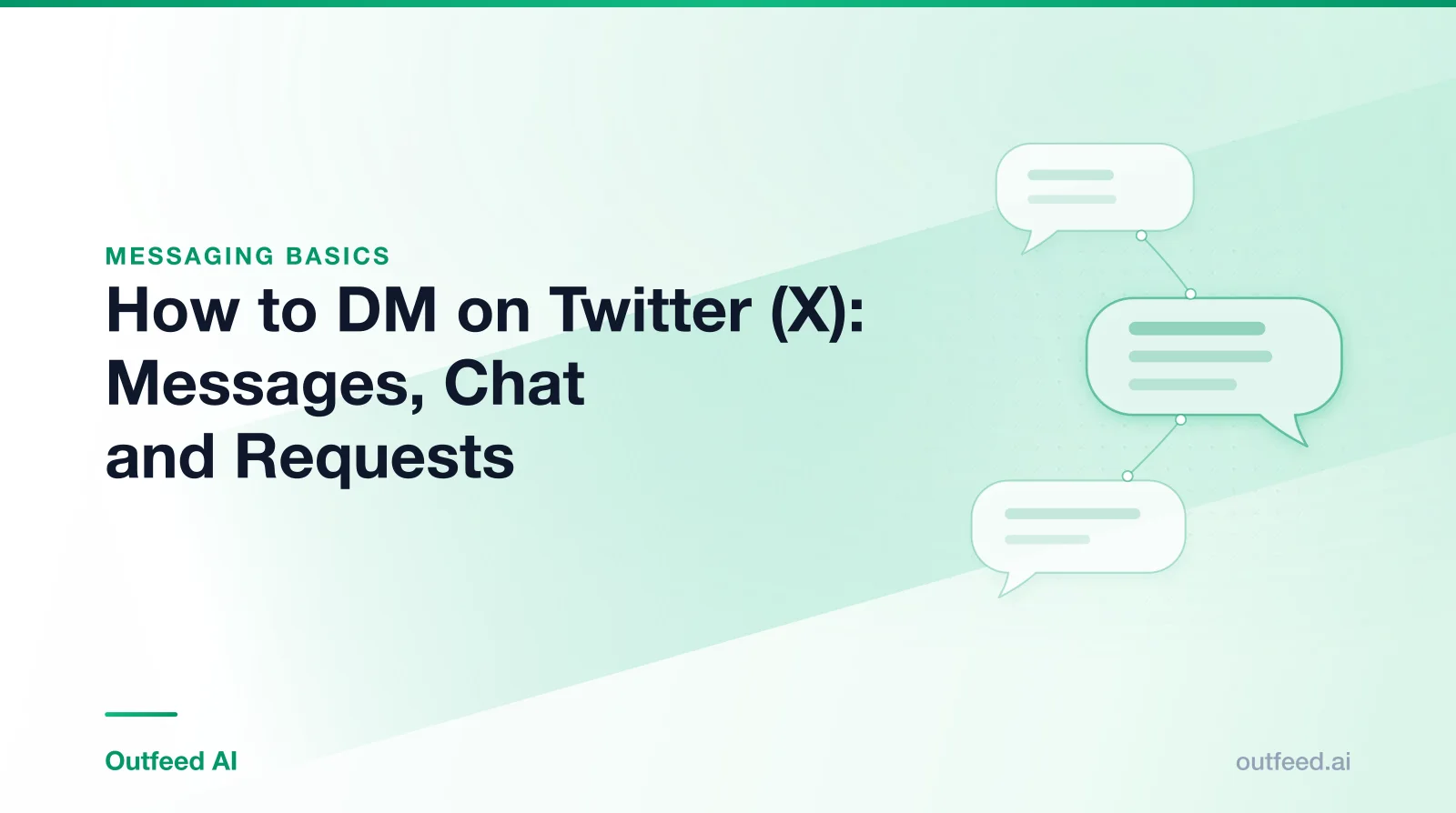 Title card reading 'How to DM on Twitter (X): Messages, Chat and Requests' with linked speech bubbles on an emerald gradient
