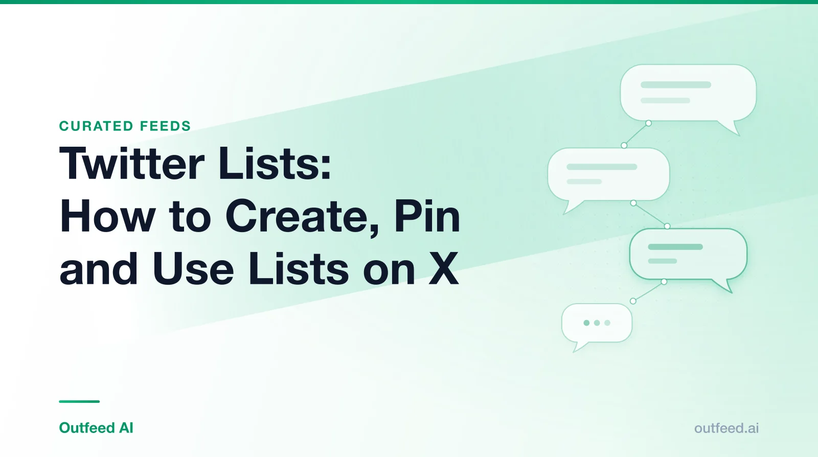 Title card reading 'Twitter Lists: How to Create, Pin and Use Lists on X' with linked speech bubbles on an emerald gradient