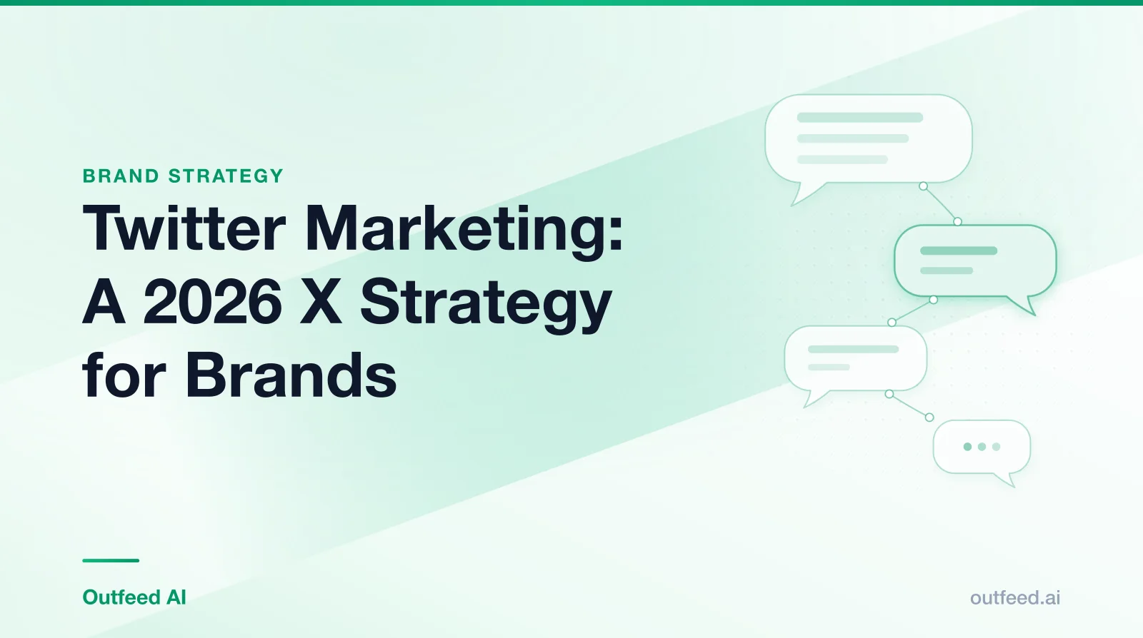 Title card reading 'Twitter Marketing: A 2026 X Strategy for Brands' with linked speech bubbles on an emerald gradient