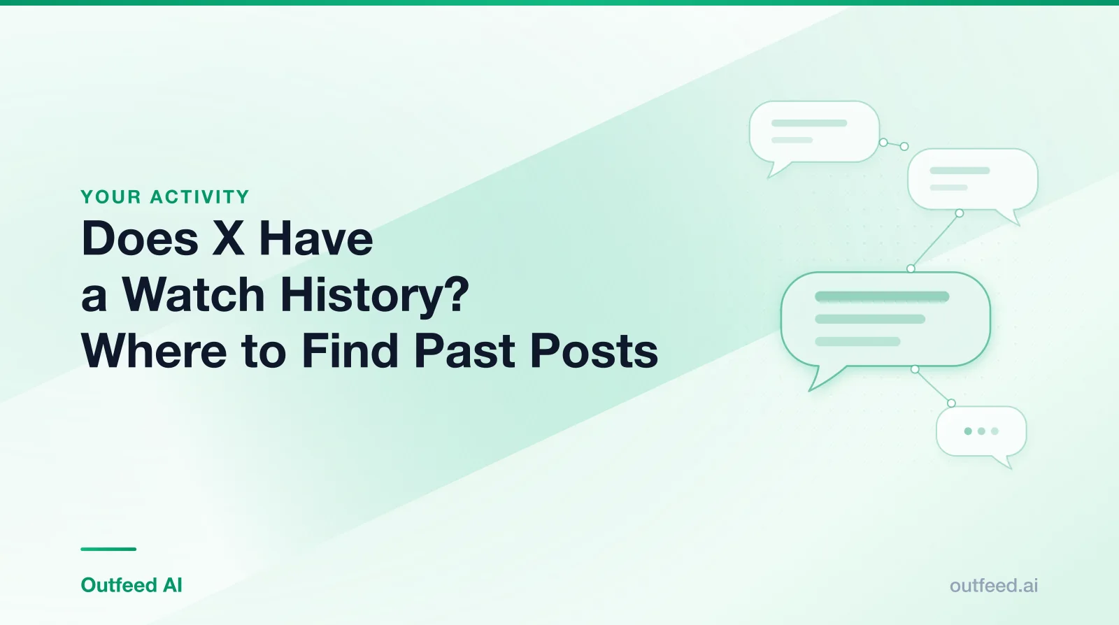 Title card reading 'Does X Have a Watch History? Where to Find Past Posts' with linked speech bubbles on an emerald gradient