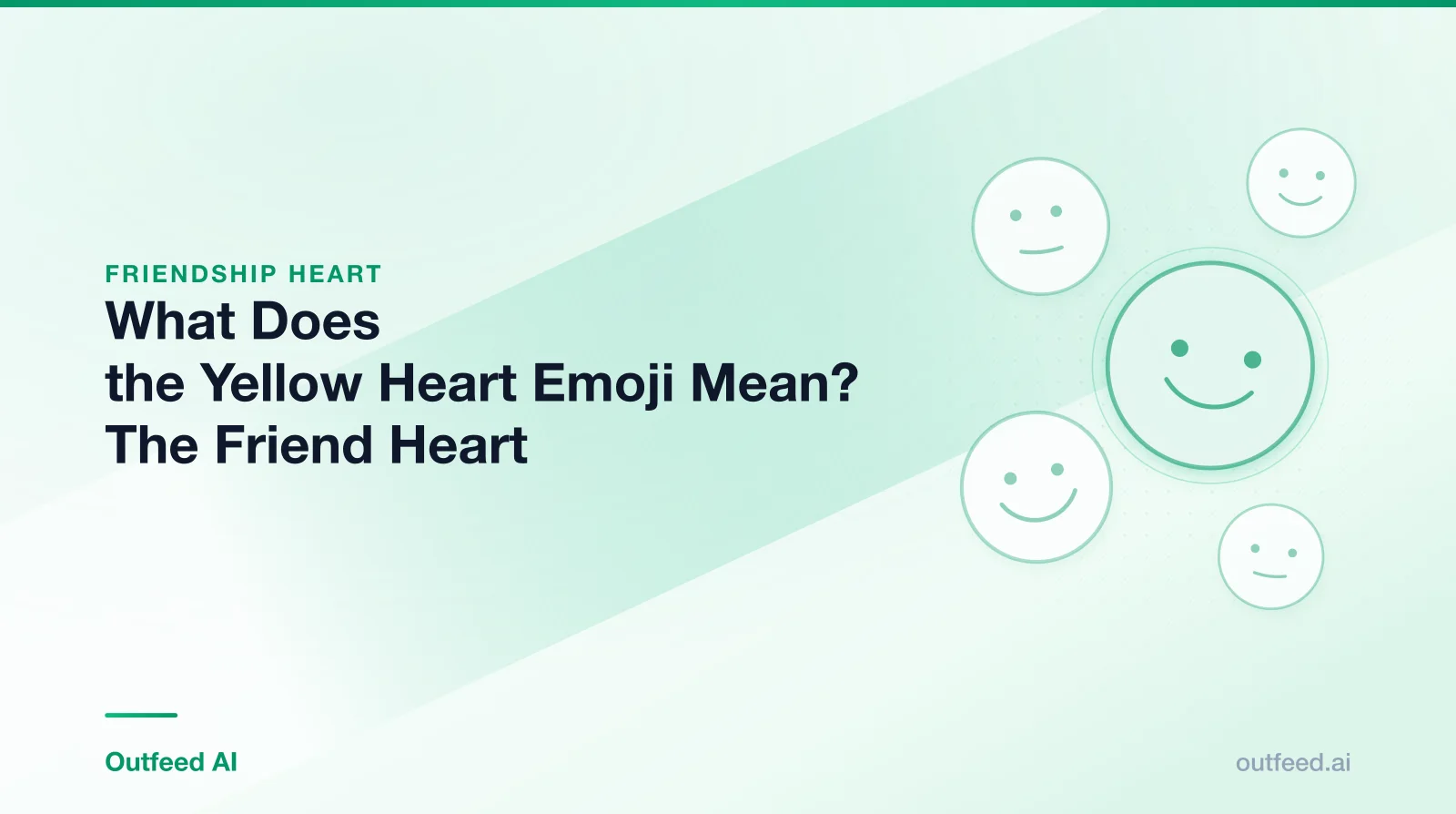 Title card reading 'What Does the Yellow Heart Emoji Mean? The Friend Heart' with simple line-drawn faces on an emerald gradient