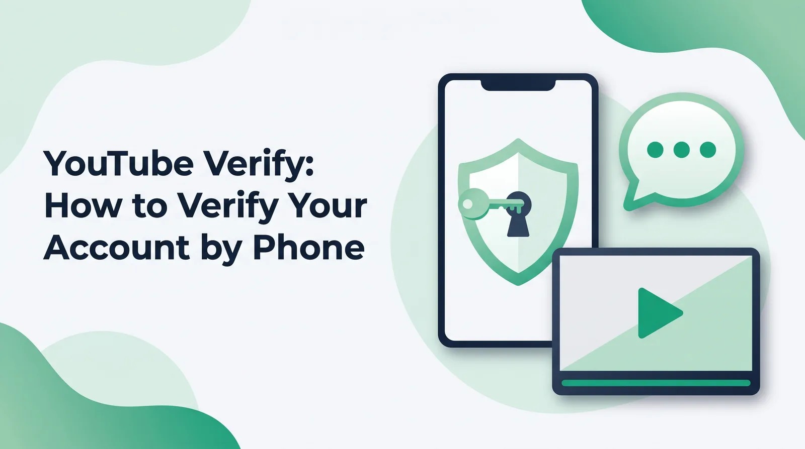 Illustration of a phone frame showing an emerald shield with a key in a keyhole, beside a speech bubble with three dots and a widescreen video frame, with the title 'YouTube Verify: How to Verify Your Account by Phone'