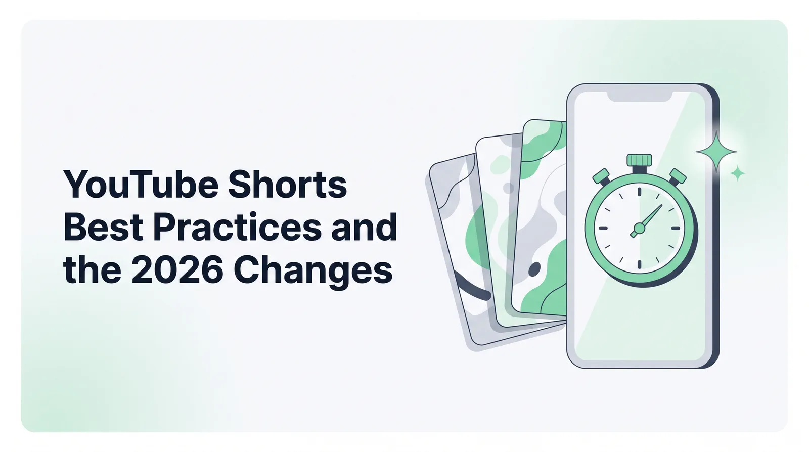 Illustration of a vertical phone frame showing a large emerald stopwatch, with three fanned vertical clip cards of abstract shapes and a small sparkle, with the title 'YouTube Shorts Best Practices and the 2026 Changes'