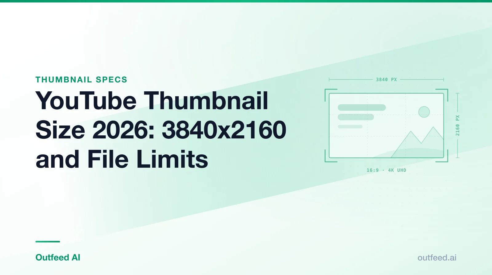 Title card reading 'YouTube Thumbnail Size 2026: 3840x2160 and File Limits' with a 16:9 thumbnail frame with corner guides on an emerald gradient