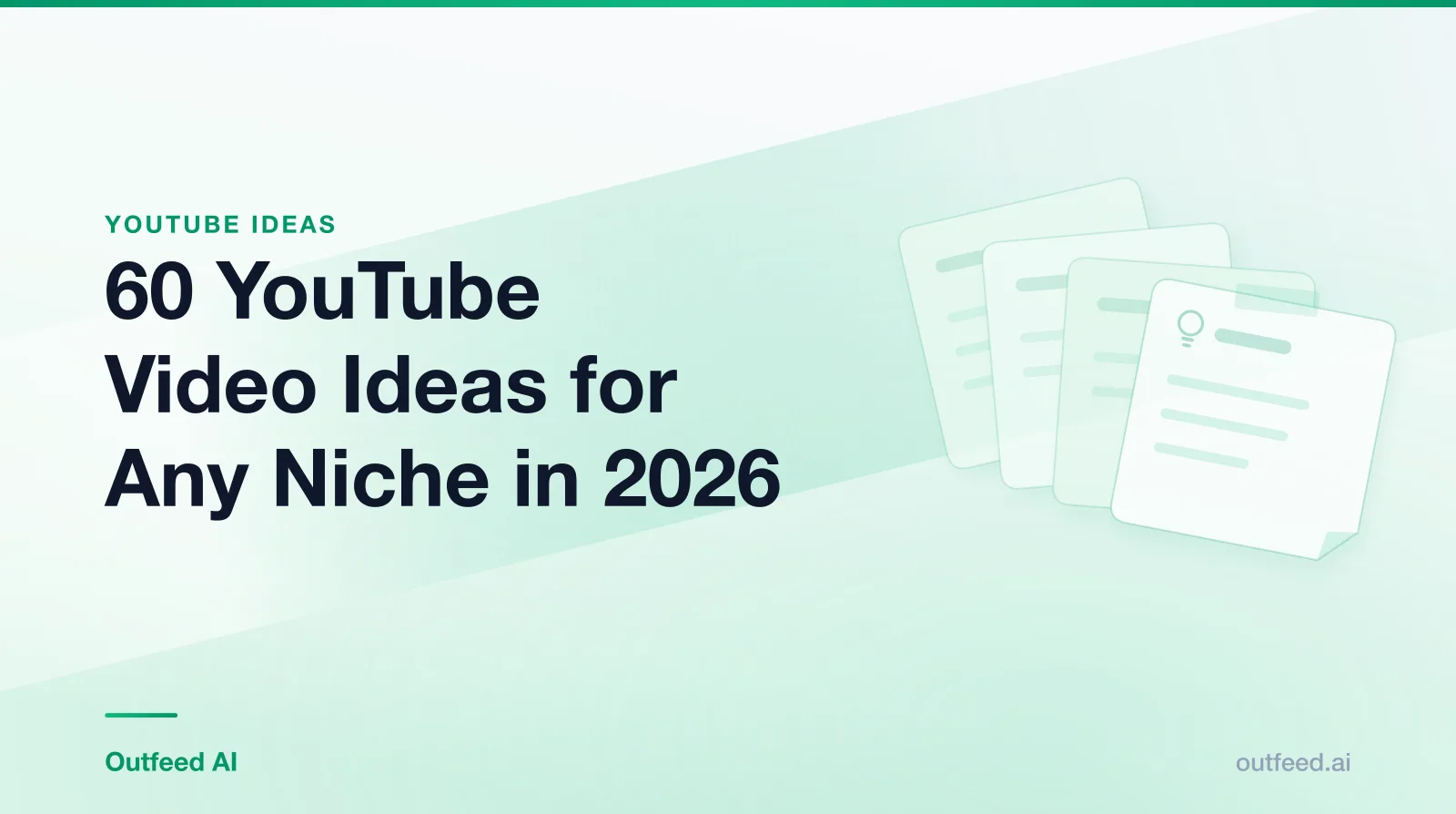 Title card reading '60 YouTube Video Ideas for Any Niche in 2026' with stacked idea cards on an emerald gradient